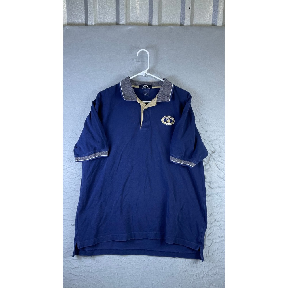 Vantage Polo Shirt Mens Large Blue Good US Navy Embroidered Combed Cotton